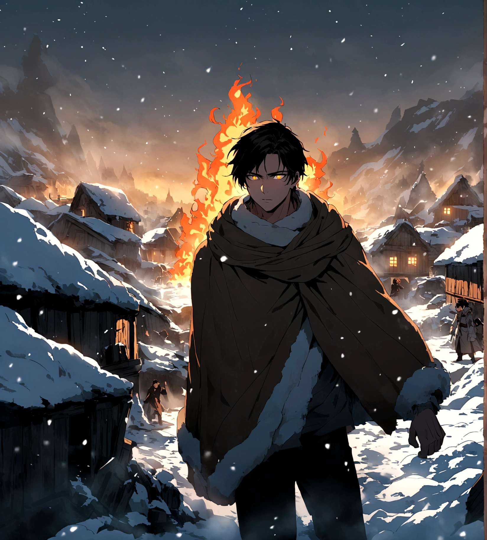 An epic scene where, in the middle of a destroyed and cold village, covered in dense snow, the protagonist, a young man with dark hair and glowing golden eyes, bruised by the confrontation, awakens the power of fire