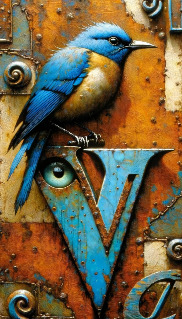 a closeup of a rusty metal letter V, with a blue bird playing with an eye, letter: V (Dave Mckean inspired art, intricate details, oil painting)