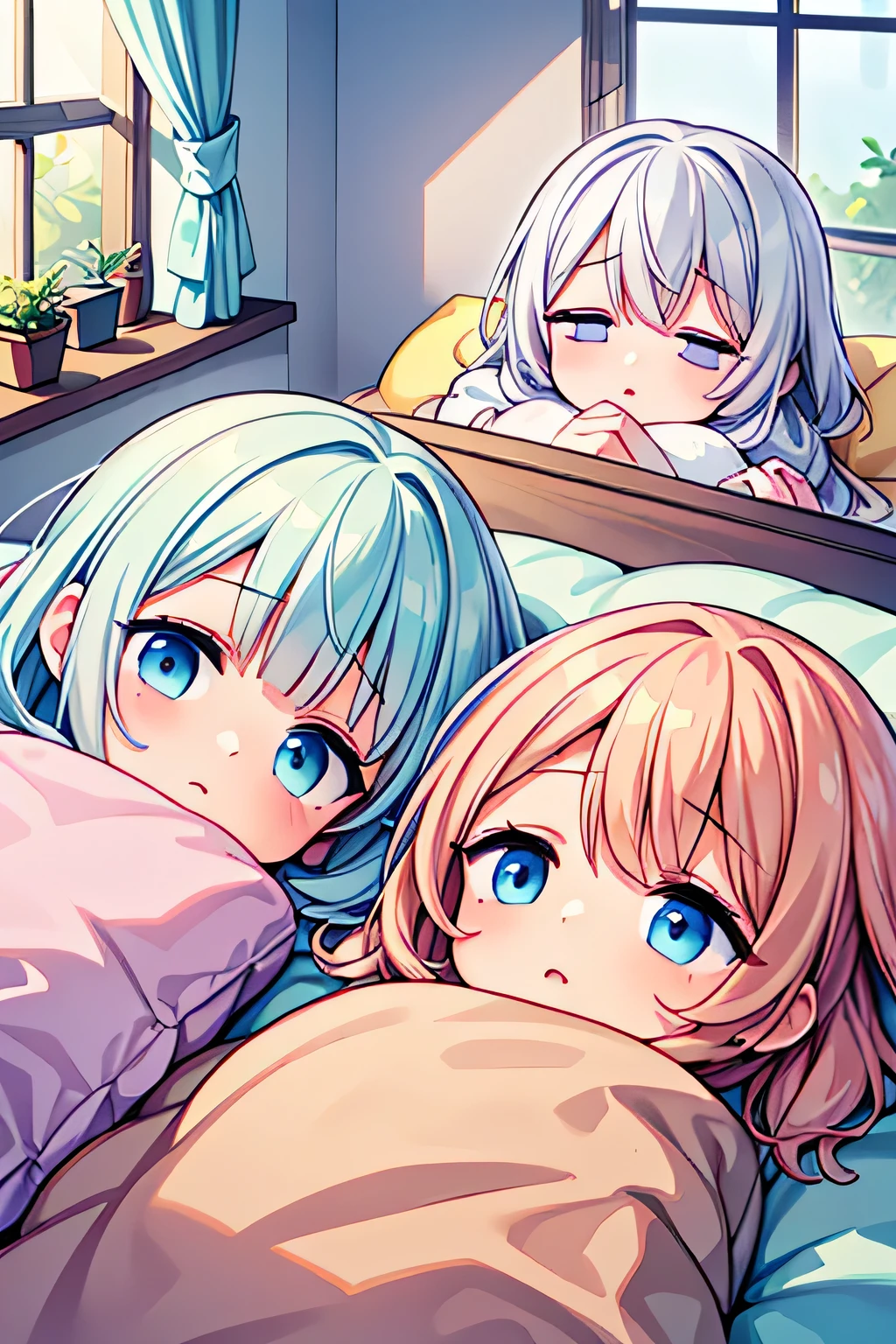 Highest quality、High resolution、Detailed Background、(Beautiful face in every detail:1.4)、Anatomically correct、(Detailed facial expressions)、(Detailed eyes:1.2)、Teenage beauty、(Highly detailed face:1.4)、Cute hair colour、Cute hairstyle、Bright room by the window、White or light-colored beds and duvets、Fluffy cushions etc.、A clean space that creates a feminine atmosphere、Adding plants and stuffed toys will create a more adorable atmosphere.、Pajamas in pastel colors、
(Three sleeping girls:1.5)