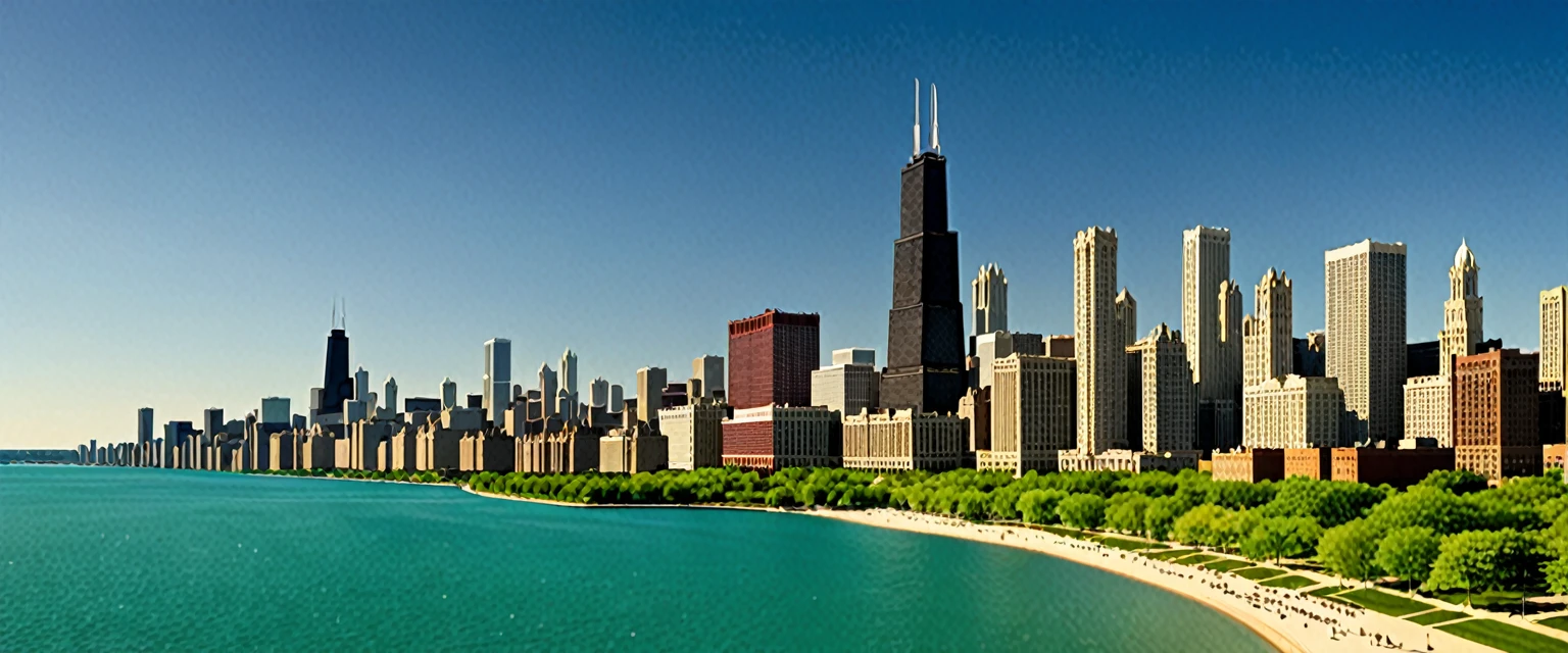 I want a piece of art that represents the city of Chicago and a view of Lake Michigan. the style should be realistic with an impressionism approach. I will use bright and warm colors, with soft and organic textures. the composition will be centered with the buildings facing the lake. the environment must transmit tranquility and wonder, with natural lighting showing long shadows and golden highlights. the setting is the city of chicago. representing a summer afternoon today. format and resolution 350 dpi, aspect ratio 3:4 32x24.