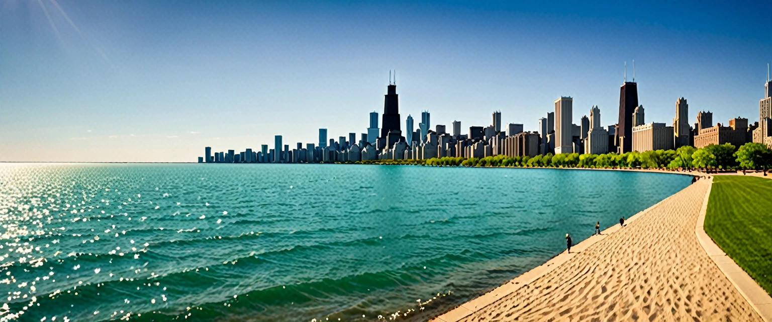 I want a piece of art that represents the city of Chicago and a view of Lake Michigan. the style should be realistic with an impressionism approach. I will use bright and warm colors, with soft and organic textures. the composition will be centered with the buildings facing the lake. the environment must transmit tranquility and wonder, with natural lighting showing long shadows and golden highlights. the setting is the city of chicago. representing a summer afternoon today. format and resolution 350 dpi, aspect ratio 3:4 32x24.