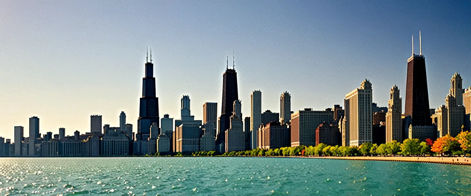 I want a piece of art that represents the city of Chicago and a view of Lake Michigan. the style should be realistic with an impressionism approach. I will use bright and warm colors, with soft and organic textures. the composition will be centered with the buildings facing the lake. the environment must transmit tranquility and wonder, with natural lighting showing long shadows and golden highlights. the setting is the city of chicago. representing a summer afternoon today. format and resolution 350 dpi, aspect ratio 3:4 32x24.