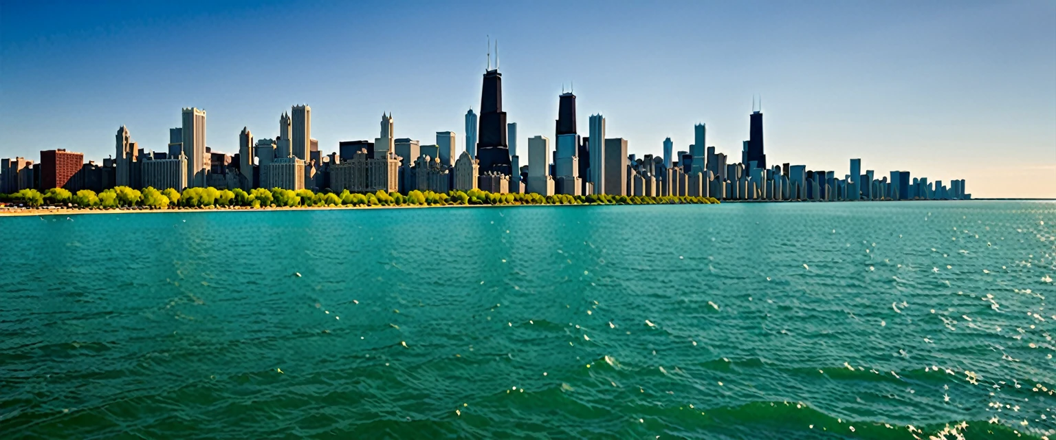 I want a piece of art that represents the city of Chicago and a view of Lake Michigan. the style should be realistic with an impressionism approach. I will use bright and warm colors, with soft and organic textures. the composition will be centered with the buildings facing the lake. the environment must transmit tranquility and wonder, with natural lighting showing long shadows and golden highlights. the setting is the city of chicago. representing a summer afternoon today. format and resolution 350 dpi, aspect ratio 3:4 32x24.
