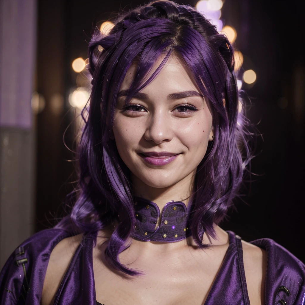 (((Venus Hum))) (((Purple hair))) close-up photo of a woman, smiling, night city background, photo realistic, 8k