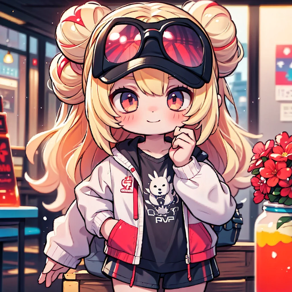 girl holding three pills in her hand, psychedelic image, various colors, wearing sunglasses and a slight smile, blonde hair with bun, red and black plaid shirt