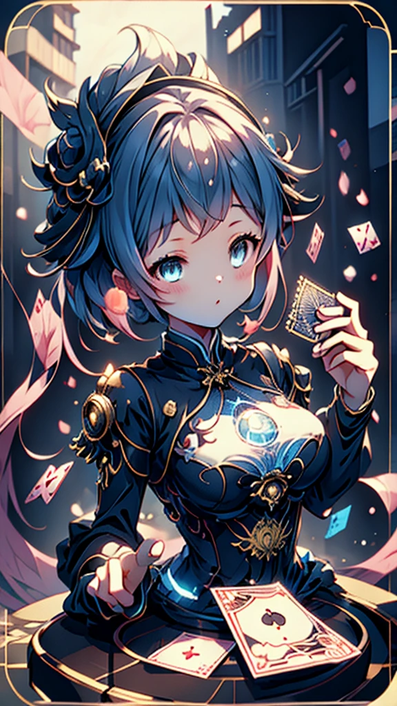 Cards，There are many cards floating in the sky，Girl holding cards，Girl holding a card，Big butt，Wide hips，Big Ass，Fantasy style，Magic Style，Sci-fi style，Sci-fi style与Magic Style，A girl holding a card with many cards floating behind her，Girl holding a card between two fingers，Girl holding cards，Correct human body structure，Correct body proportions，Girl holding a card，Girl holding cards，The girl holds a card in her hand，Street background，现代Street background，现代都市Street background，Magic Style的背景，Modern urban background，Cards floating in the sky，Cards floating in the background，Upper body close-up，Close-up above the waist，背景中有很多Cards floating in the air，Cards floating in the air，Tarot cards floating in the air