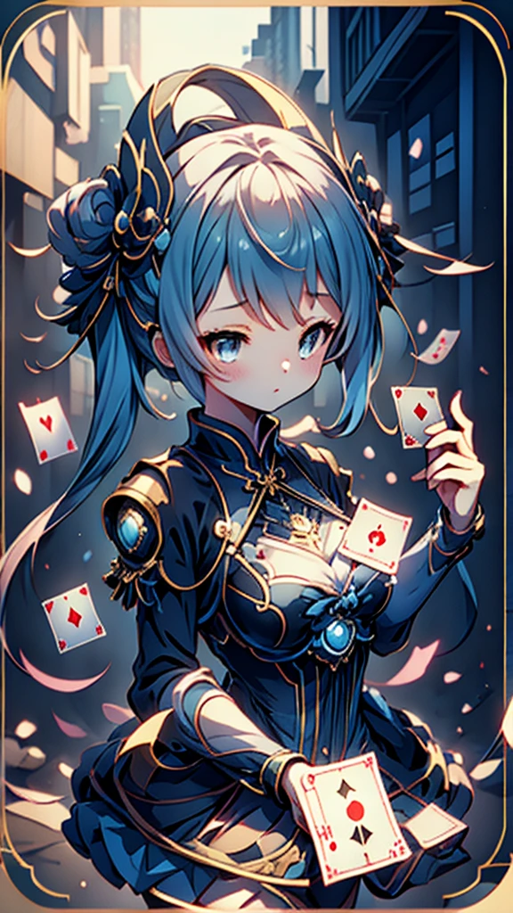 Cards，There are many cards floating in the sky，Girl holding cards，Girl holding a card，Big butt，Wide hips，Big Ass，Fantasy style，Magic Style，Sci-fi style，Sci-fi style与Magic Style，A girl holding a card with many cards floating behind her，Girl holding a card between two fingers，Girl holding cards，Correct human body structure，Correct body proportions，Girl holding a card，Girl holding cards，The girl holds a card in her hand，Street background，现代Street background，现代都市Street background，Magic Style的背景，Modern urban background，Cards floating in the sky，Cards floating in the background，Upper body close-up，Close-up above the waist，背景中有很多Cards floating in the air，Cards floating in the air，Tarot cards floating in the air