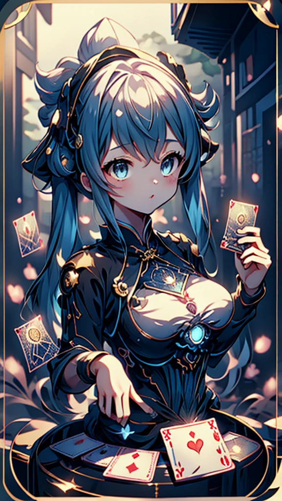 Cards，There are many cards floating in the sky，Girl holding cards，Girl holding a card，Big butt，Wide hips，Big Ass，Fantasy style，Magic Style，Sci-fi style，Sci-fi style与Magic Style，A girl holding a card with many cards floating behind her，Girl holding a card between two fingers，Girl holding cards，Correct human body structure，Correct body proportions，Girl holding a card，Girl holding cards，The girl holds a card in her hand，Street background，现代Street background，现代都市Street background，Magic Style的背景，Modern urban background，Cards floating in the sky，Cards floating in the background，Upper body close-up，Close-up above the waist，背景中有很多Cards floating in the air，Cards floating in the air，Tarot cards floating in the air