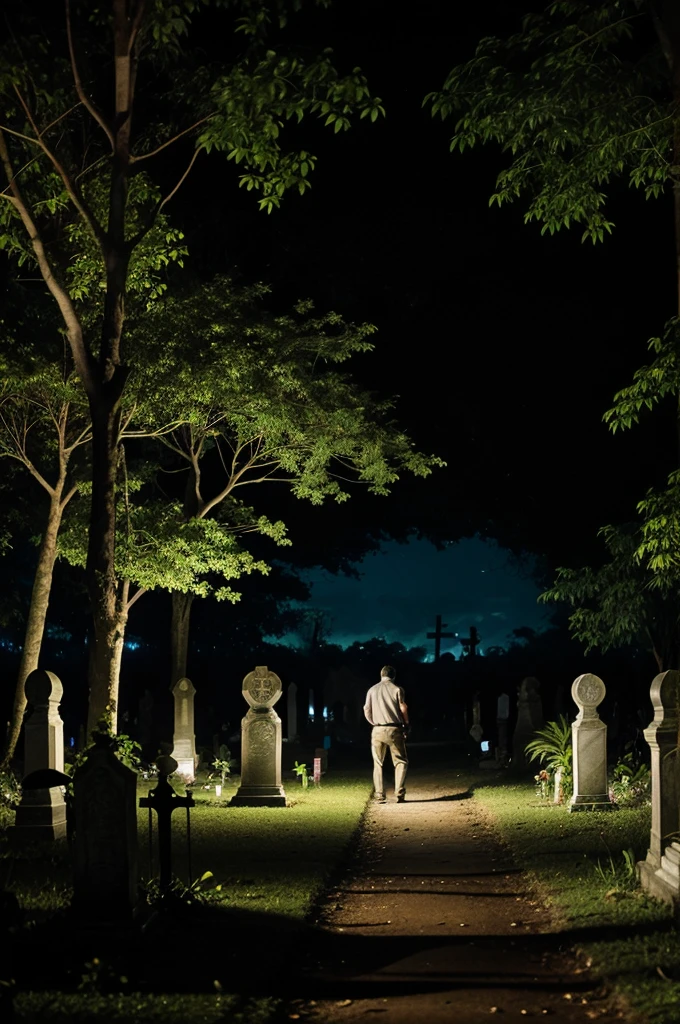 Man is shown wandering through a cemetery and jungle at night, desperately searching for ghosts but finding none.