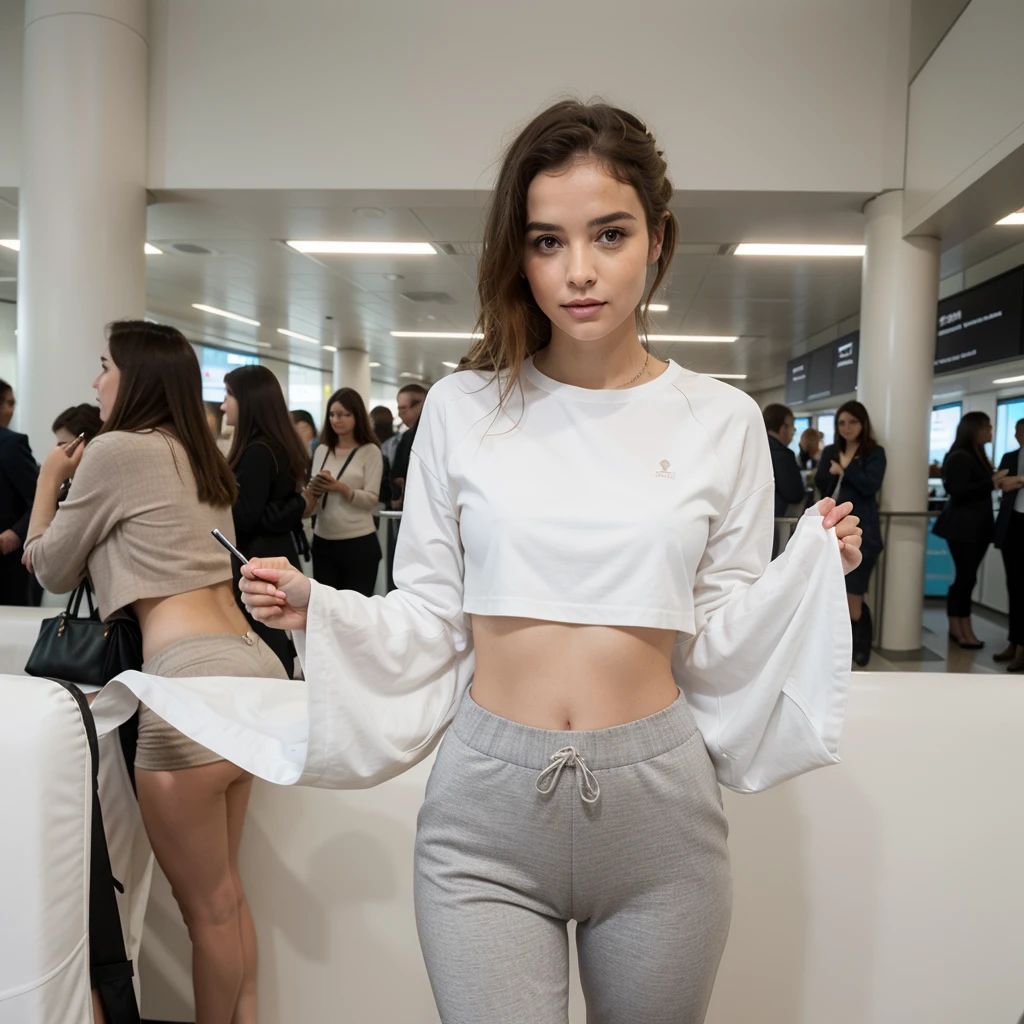 Dans le lounge moderne de l'aéroport de Dubaï, elle se tenait près des immenses baies vitrées offrant une vue imprenable sur les pistes animées. Vêtue d'une tenue décontractée mais élégante pour le vol à venir, son pantalon de jogging ajusté mettait en valeur ses courbes avec subtilité, soulignant gracieusement ses formes généreuses. Un haut ample en coton blanc accentuait la délicatesse de ses épaules et la courbe de son cou, complété par des bijoux minimalistes qui scintillaient légèrement à la lumière tamisée de l'aéroport. Ses cheveux bruns, délicatement coiffés en une queue de cheval basse, ajoutaient une touche de sophistication à son look décontracté. Elle portait des baskets blanches impeccables, parfaites pour voyager avec confort et style. Malgré l'effervescence autour d'elle, son assurance naturelle attirait discrètement les regards admiratifs des autres passagers, captivés par sa présence à la fois décontractée et raffinée dans cet environnement cosmopolite.