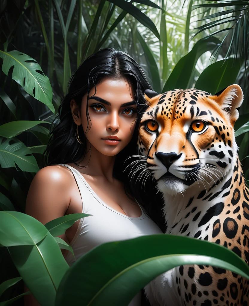 Lush plants，Beautiful Indian girl posing with ferocious cheetah in the jungle， Deep orange eyes, black and white, black background, (best quality,4K,8K,high resolution,masterpiece:1.2),Extremely detailed,(Practical,photoPractical,photo-Practical:1.37),Highly detailed animal portraits, Dramatic Lighting, Powerful predator, Intense expression, Fascinating eyes, Smooth spotted fur, muscular, Low angle shot, Close-up view, Minimalist composition, High contrast water drops on leaves