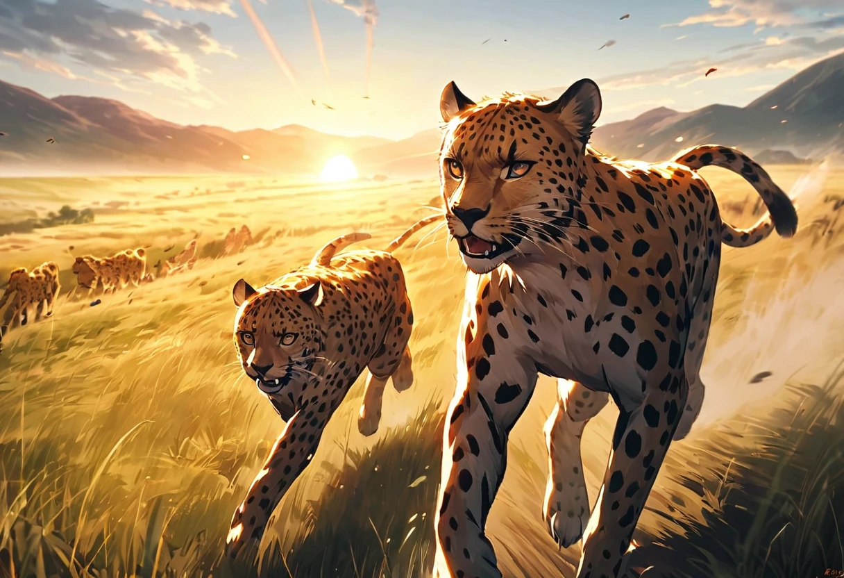 (Cheetah), grassland, Run, speed, grace, wild, fast, nature, Predator, Brilliant, Chasing prey, muscle, Powerful, Light of the sun,
広大なgrasslandを背景に、Cheetahが全速力で走っている姿を捕らえた画像。Cheetahのmuscleの動きとその速さを強調し、natureの光がCheetahを照らしている。