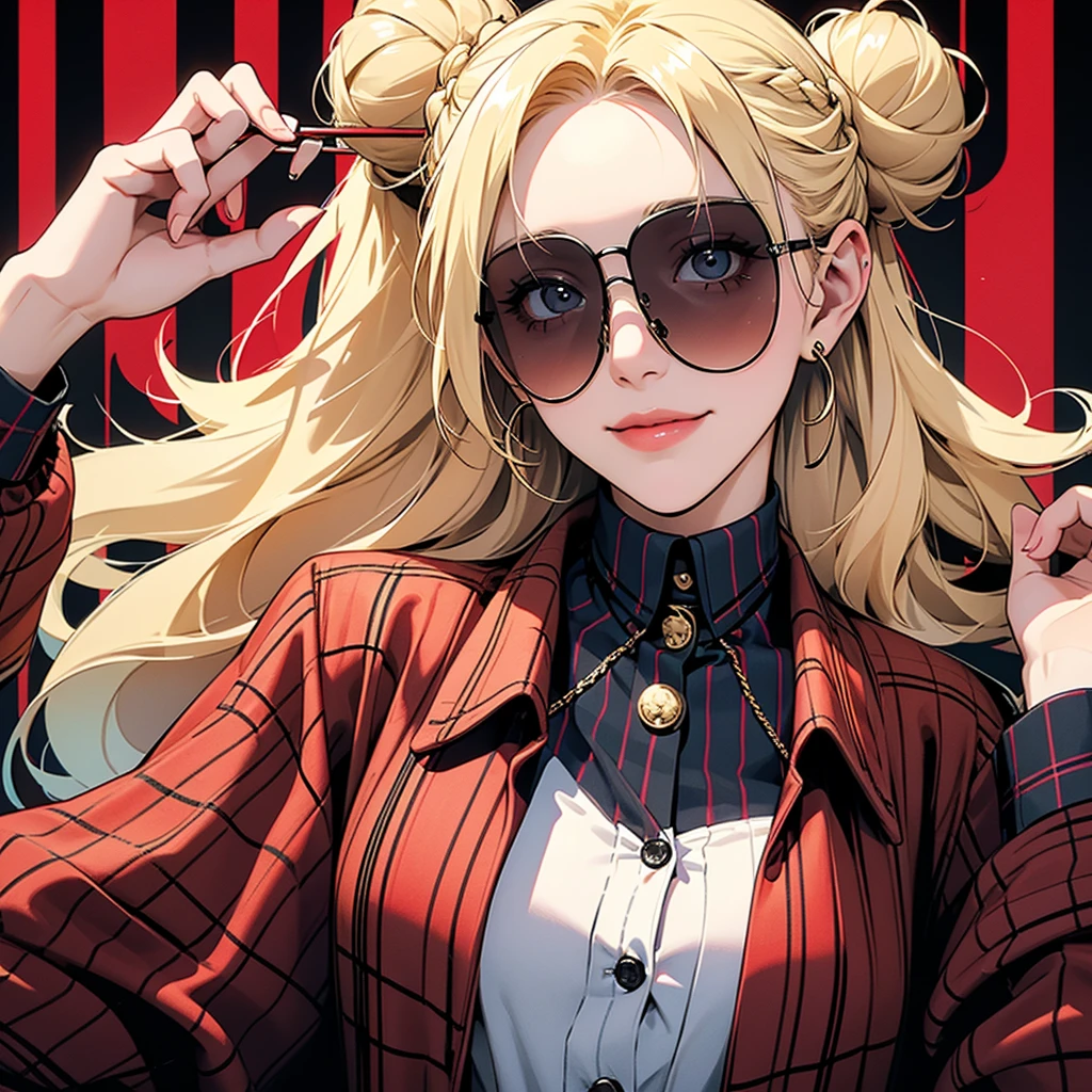 girl holding three pills in her hand, psychedelic image, various colors, wearing sunglasses and a slight smile, blonde hair with bun, red and black plaid shirt