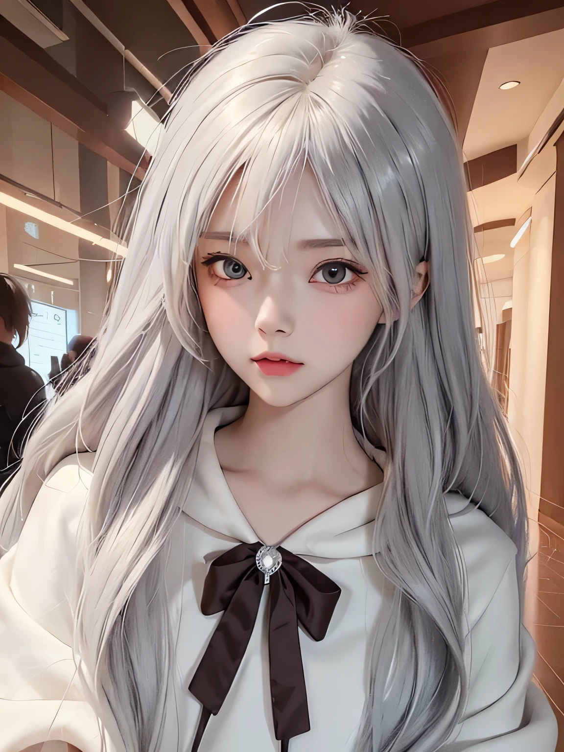 (masterpiece:1.1), (detailed:1.1), ((1girl)), (8k), medium breasts, anime girl with long silver hair, perfect platinum haired girl, seductive anime girl, girl with platinum hair, beautiful anime girl, photorealistic anime, realistic young anime girl, hyper realistic anime, realistic anime 3 d style, attractive anime girl, smooth anime cg art, anime girl, beautiful anime woman, silver haired, (brown eyes), (red bow), (cute face), rosy cheeks, (detailed face), (detailed eyes), (look like sinestrea arena of valor), (sinestrea from arena of valor), (beautiful face), full body shot, skin white, (eye left blue), (eye right brown), (oversized hoodie), oversized_hoodie_e