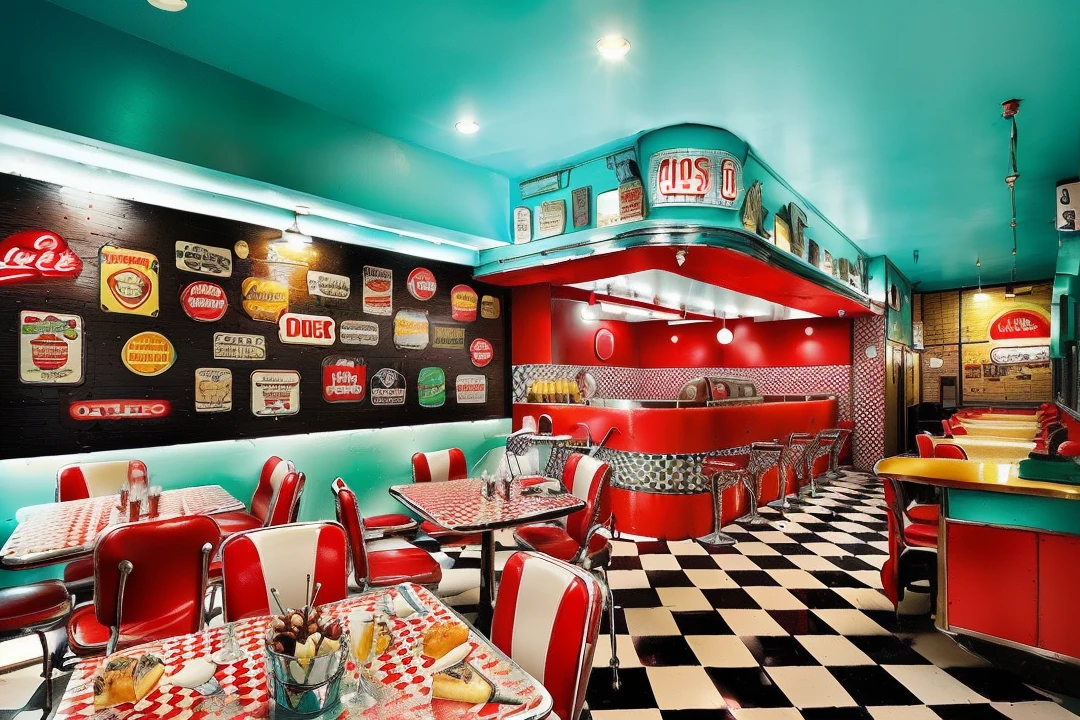 close-up of a restaurant with checkered floor and red counter, 5 0's diner, decor 1 9 5 0 h, in a classic 5 0 s diner, in classic diner, at a 5 0 s diner, diner, Googie's Kitsch Aesthetics, diner caffee, diner background, retro 50s style, diner scene, 5 0 s Aesthetics