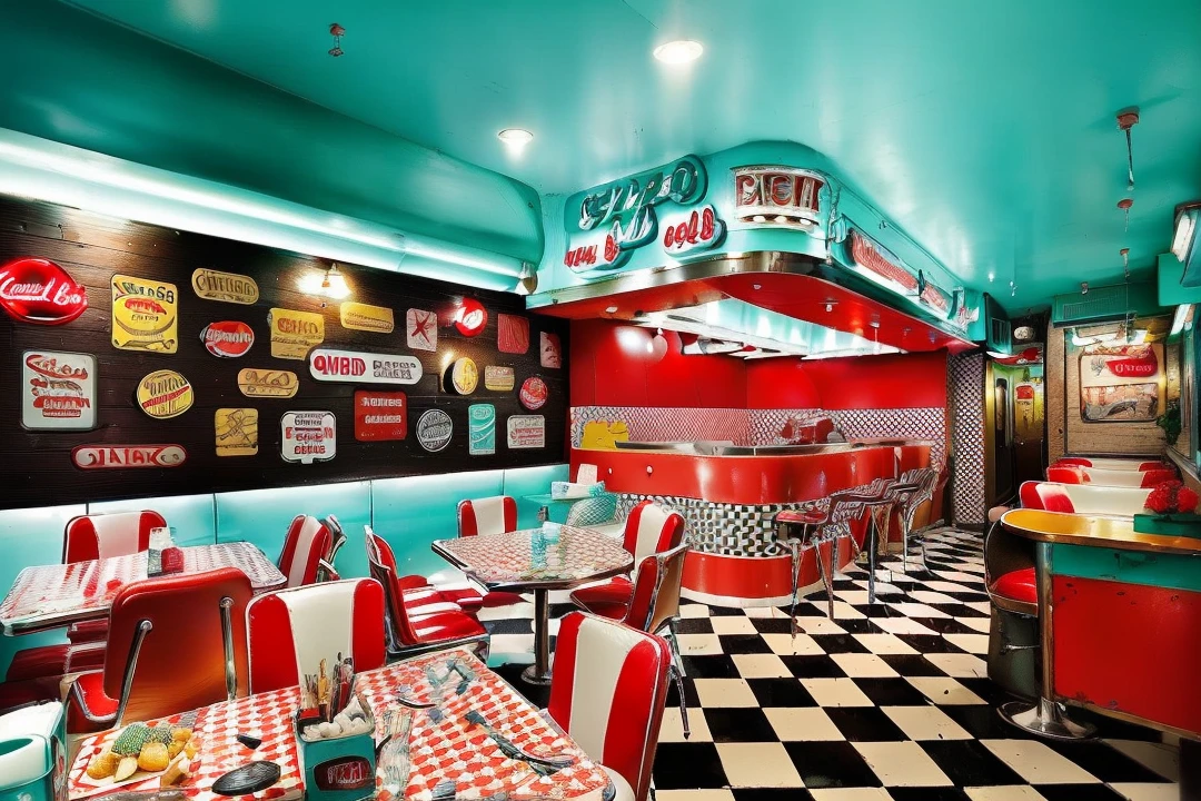 close-up of a restaurant with checkered floor and red counter, 5 0's diner, decor 1 9 5 0 h, in a classic 5 0 s diner, in classic diner, at a 5 0 s diner, diner, Googie's Kitsch Aesthetics, diner caffee, diner background, retro 50s style, diner scene, 5 0 s Aesthetics