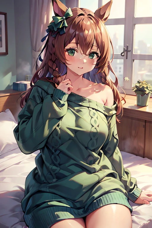 mejiro_bright_(umamusume), clothes with open chest, (high top fade:1.3), green skirt, (green sweater:1.5), long sleeve, off shoulder, off shouldersweater, plump sleeves, skirt, sweater, white ribbon