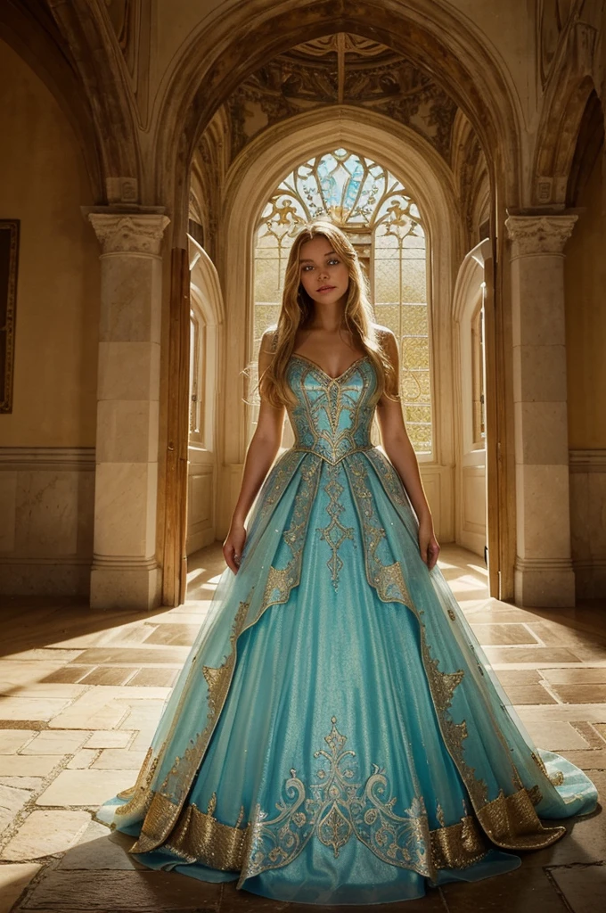"Create an image of a beautiful, golden-haired girl with bright blue eyes, wearing a stunning fairy-tale dress. She is standing inside an enchanting, magical castle that is unfamiliar to her. The dress should be intricately detailed, shimmering with ethereal beauty, and flowing gracefully to the ground. The girl's expression captures a mixture of curiosity and wonder as she explores the majestic, unknown castle. The background should highlight the grandeur of the castle's interior, with tall, arched windows through which soft, magical light pours, illuminating the space with a warm glow. The overall atmosphere should be one of mystique and awe, emphasizing the girl's beauty and the enchanting setting."