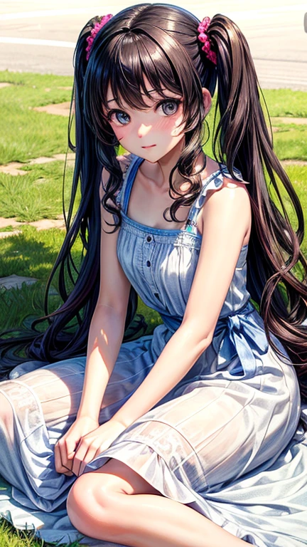 (Highest quality,masterpiece:1.3,Ultra-high resolution),(Very detailedな、Caustics) (Realistic:1.4, RAW shooting、)Ultra-Realistic Capture、Very detailed、Natural skin texture、masterpiece、(Summer Dresses:1.3)、1 Japanese girl、Adorable expression、Expressions of happiness、14 years old、Young Face、Surprisingly cute、Twin tails、Curly Hair、Black Hair、Scrunchie、light makeup、The Great Depression is about to burst、Middle school students'Favorite pose、Shining thighs、Summer sunshine、smile、An inviting gaze、