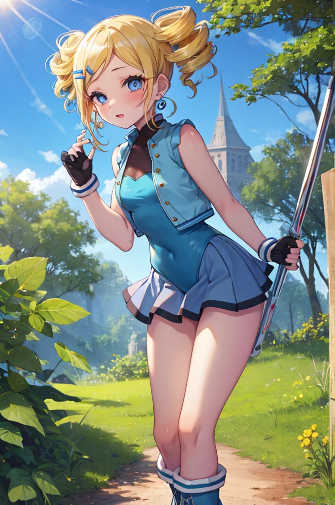 ppgzbb, blue eyes, Blonde, Twin Drill, Hair Clip, Earrings, Best, Blue leotard，Blue Skirt, Short skirt, boots, Are standing, forest 