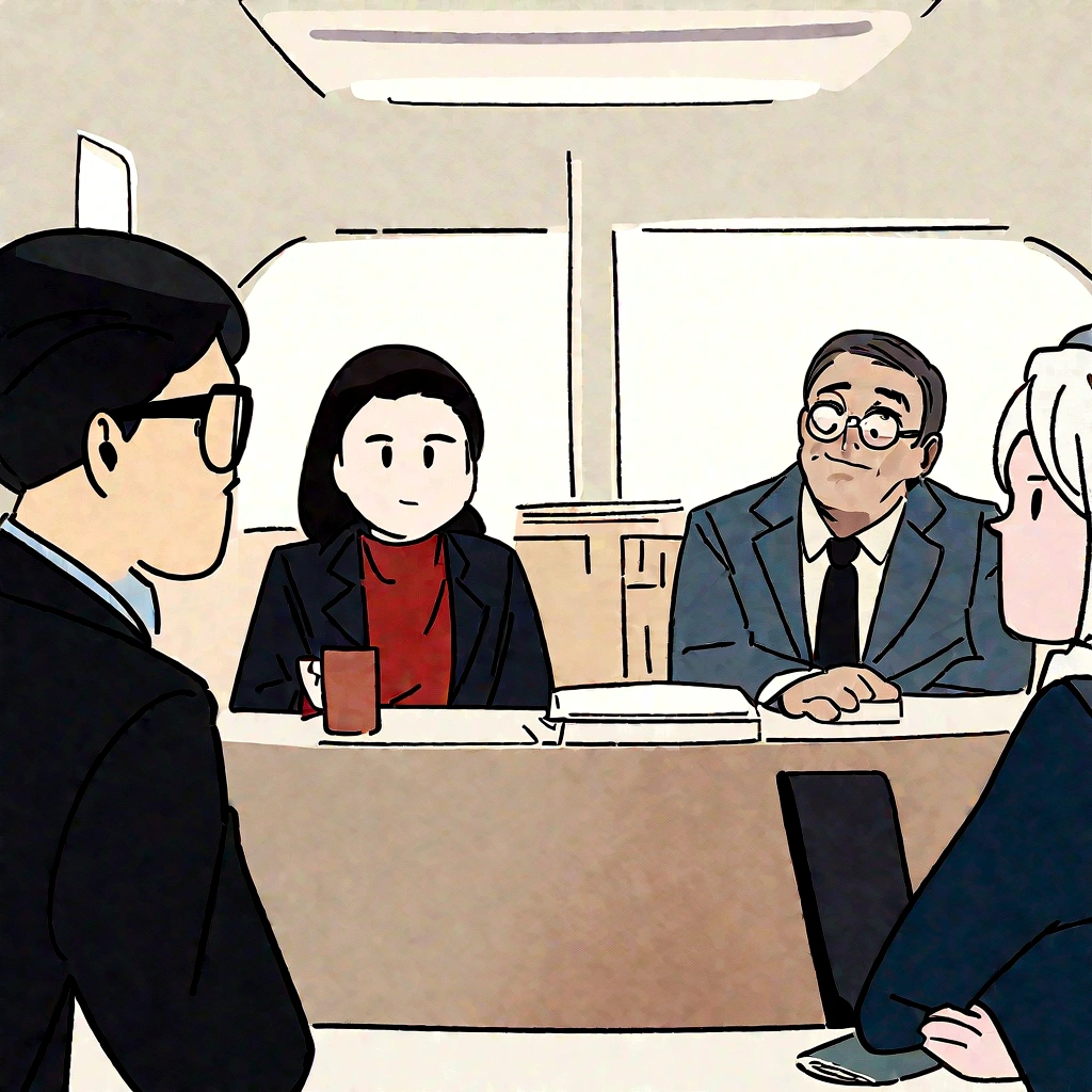 A group of people sitting in the office, proffesional illustration, flat illustration, giving an interview, corporate animation style, interview, illustration!, illustration, professional illustration, by Lee Jeon Suk, an illustration, cartoon illustration, simple illustration, High quality portrait, audience, author：Kim Jong-hee, illustration], Office background, Professional character design, No characters