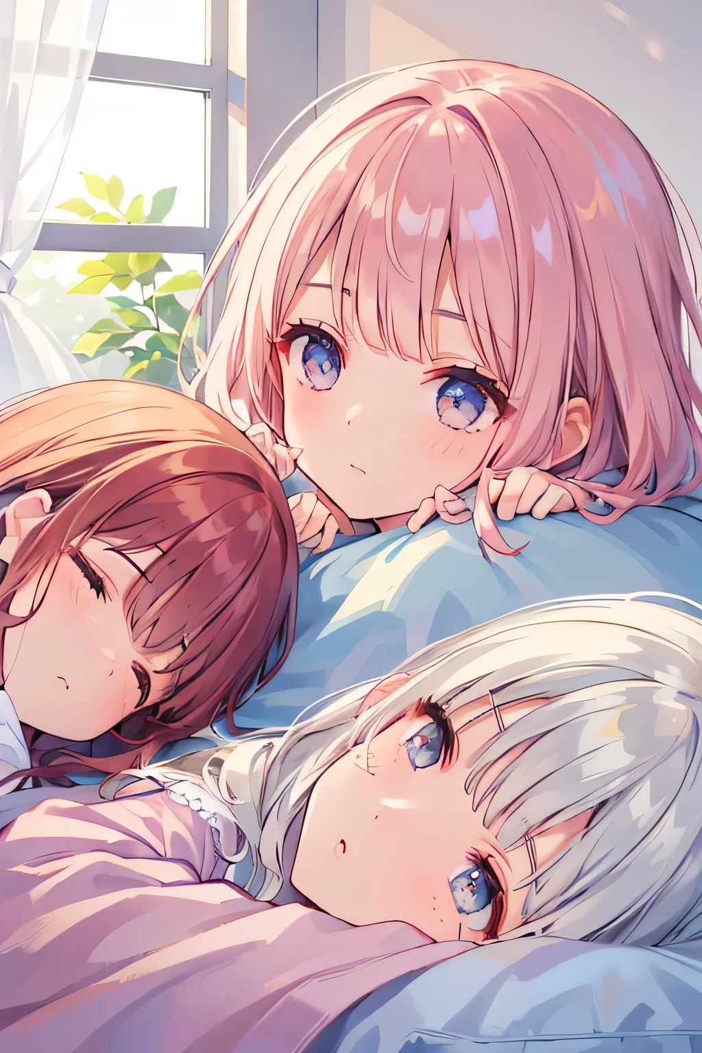 Highest quality、High resolution、Detailed Background、(Beautiful face in every detail:1.4)、Anatomically correct、(Detailed facial expressions)、(Detailed eyes:1.2)、Teenage beauty、(Highly detailed face:1.4)、Cute hair colour、Cute hairstyle、Bright room by the window、White or light-colored beds and duvets、Fluffy cushions etc.、A clean space that creates a feminine atmosphere、Adding plants and stuffed toys will create a more adorable atmosphere.、Pajamas in pastel colors、
(Three sleeping girls:1.5)
