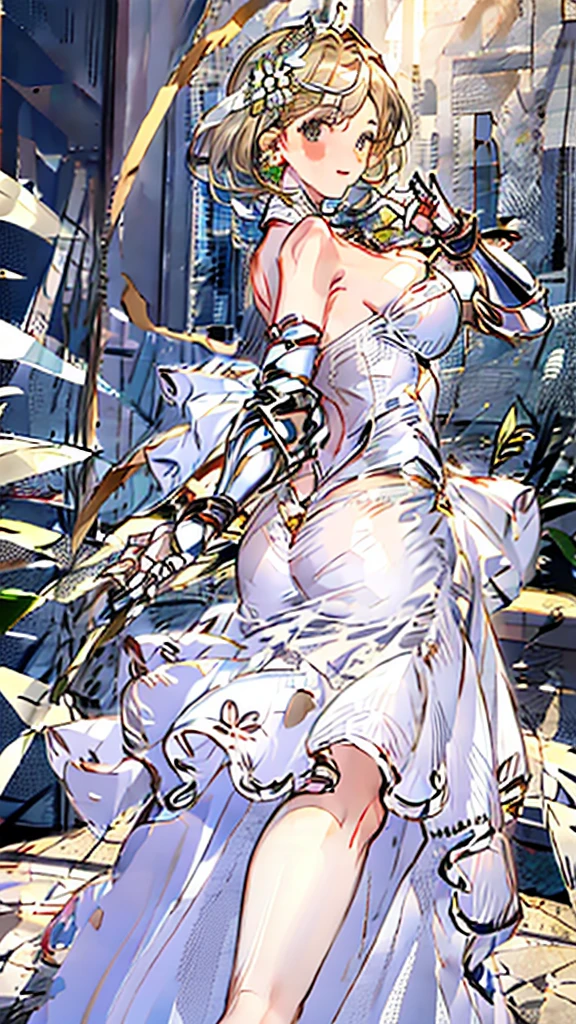 masterpiece、Highest quality、blonde、Shortcuts、White flower corsage、blush、20-year-old female、Big Breasts、((turn around))、Holding a sword in one hand、（short white wedding dress）、White flower scenery inside the castle、Very detailed、(((One person)))、smile、The face is Djeeta、Don't wear armor、Gold embroidery on the dress、Natural Hands、White skin、Accentuate your butt、8K、Two arms、I can see your thighs、Open back clothing、Wearing a  veil、Anime Style