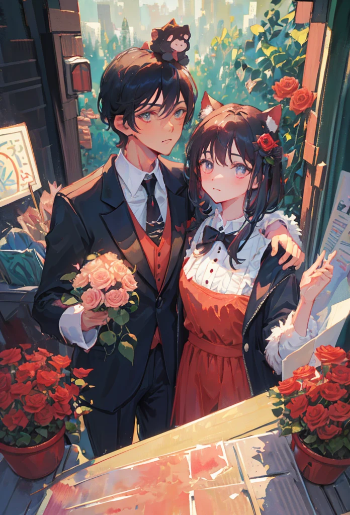 Watercolor elements, 1boy, kemono, furry, detailed body fur, animal face, animal hand, Handsome boy in tuxedo holding a red rose and looking at viewer,