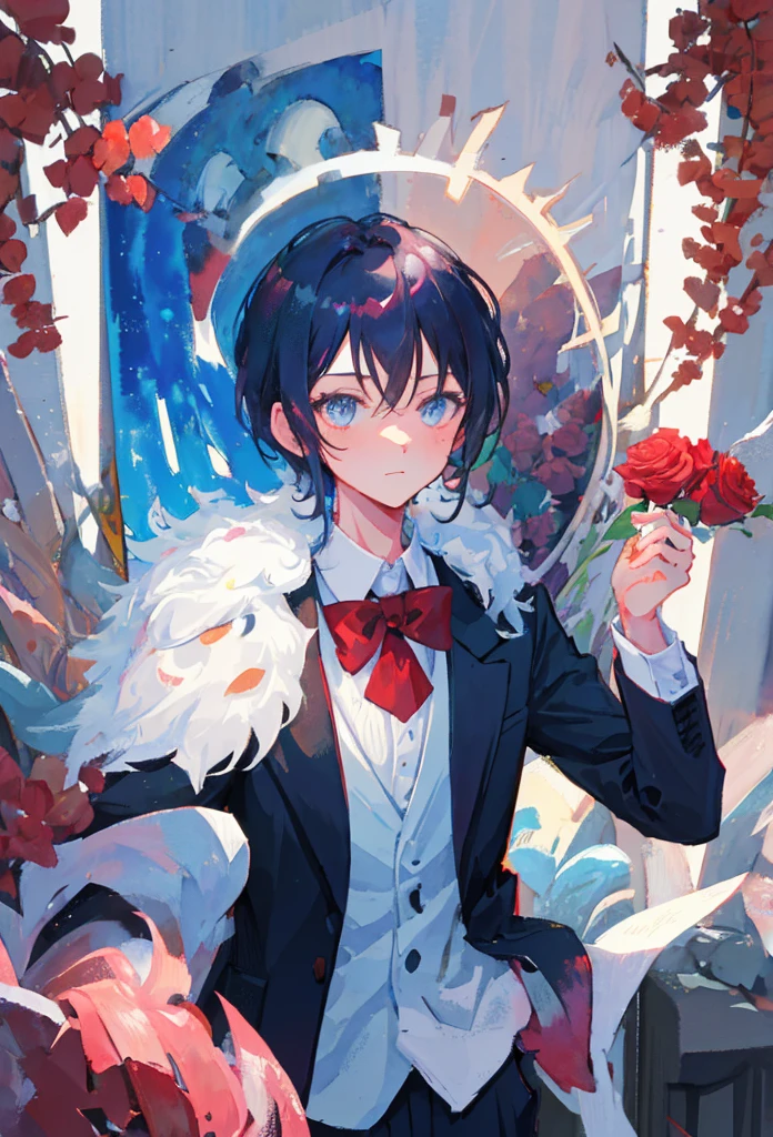 Watercolor elements, 1boy, kemono, furry, detailed body fur, animal face, animal hand, Handsome boy in tuxedo holding a red rose and looking at viewer,