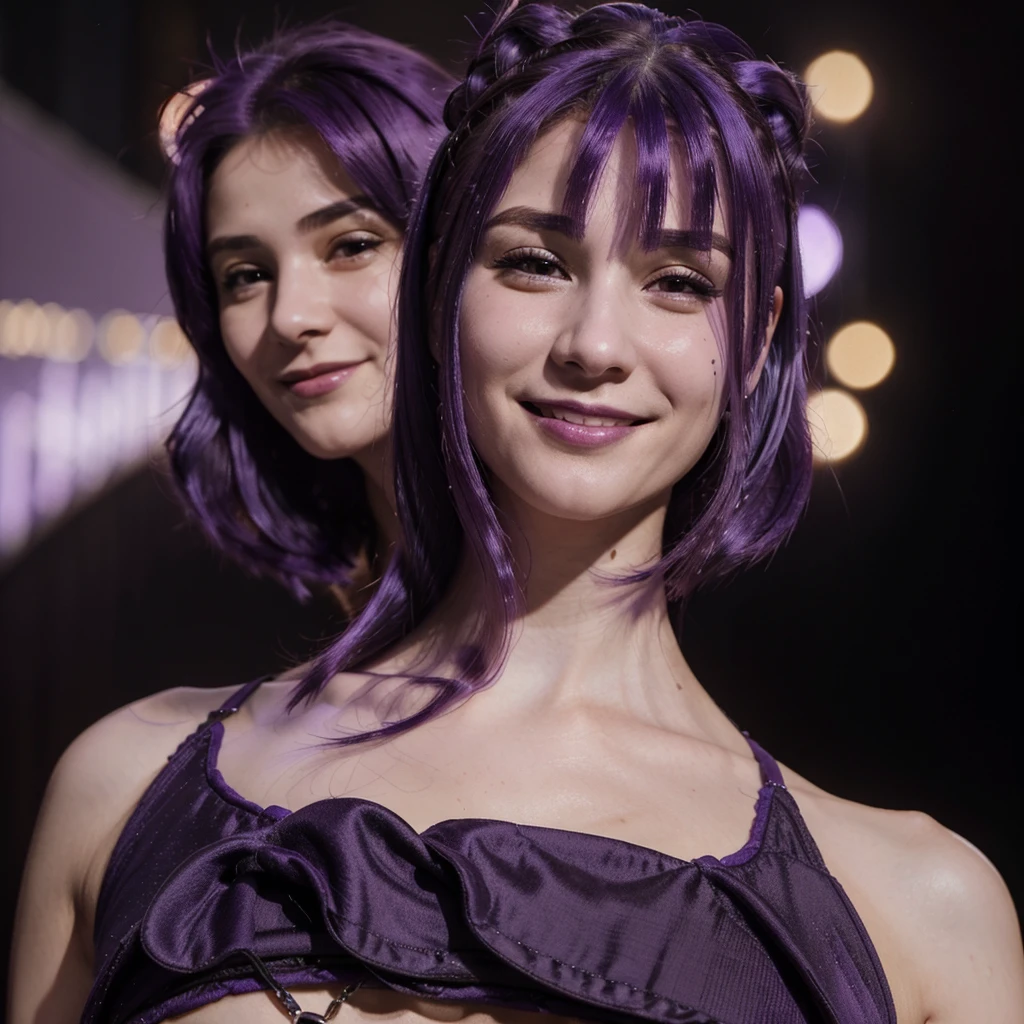 (((Venus Hum))) (((Purple hair))) close-up photo of a woman, smiling, night city background, photo realistic, 8k