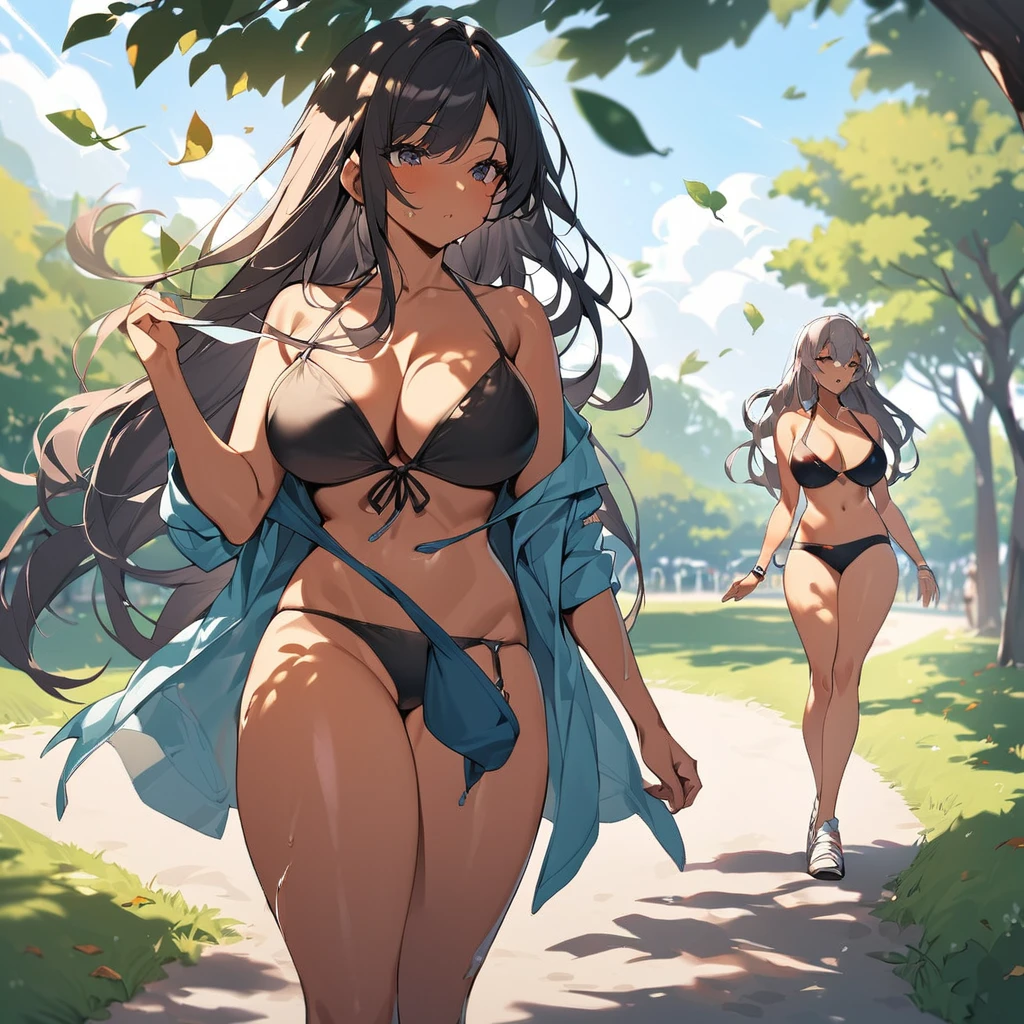 Young girl walking in a park with her big beautiful thighs with leaves flying around her, She is wearing a bikini because it is hot and her thighs make her more attractive, your friend next to you has dark skin and a big pair of sun-sweaty 
