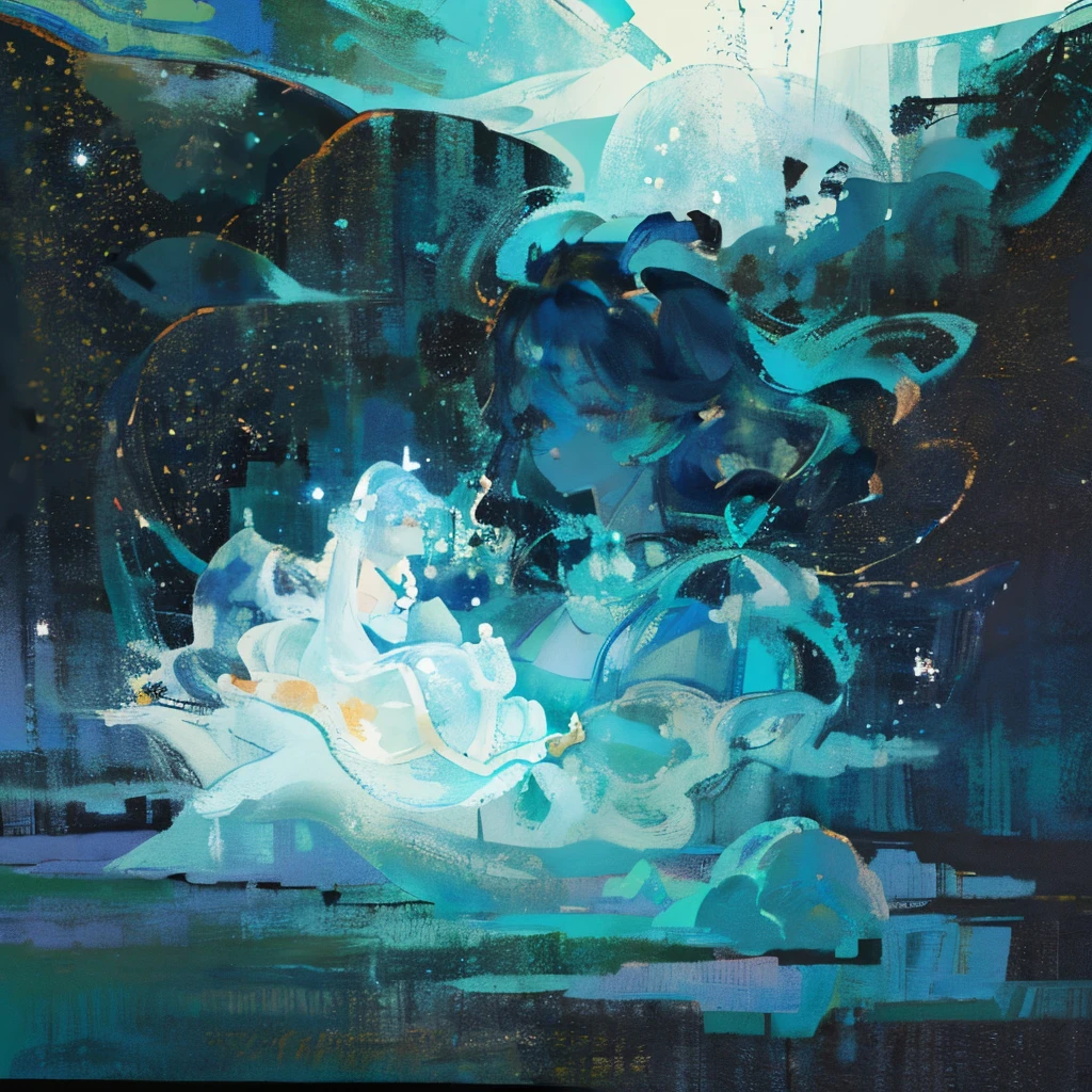 ((SFW)), (best quality,4k,8k, high res,masterpiece:1.2), ((masterpiece)), (((best quality))), slightly muted colors, hair color, hairstyle fax, eyes, clouds, flowy hair, stars in hair, adult, starry eyes, sea, ocean, celestial, hairstyle fax, deity, muted blue hair, sky-like hair with stars, ocean hair, soft smile, (({comforting aura})) (((abstract:0.5, melting elements from the painting, ghostly, ))), angel, luminous, bright character, ghostly luminous character, siren, mesmerizing siren
