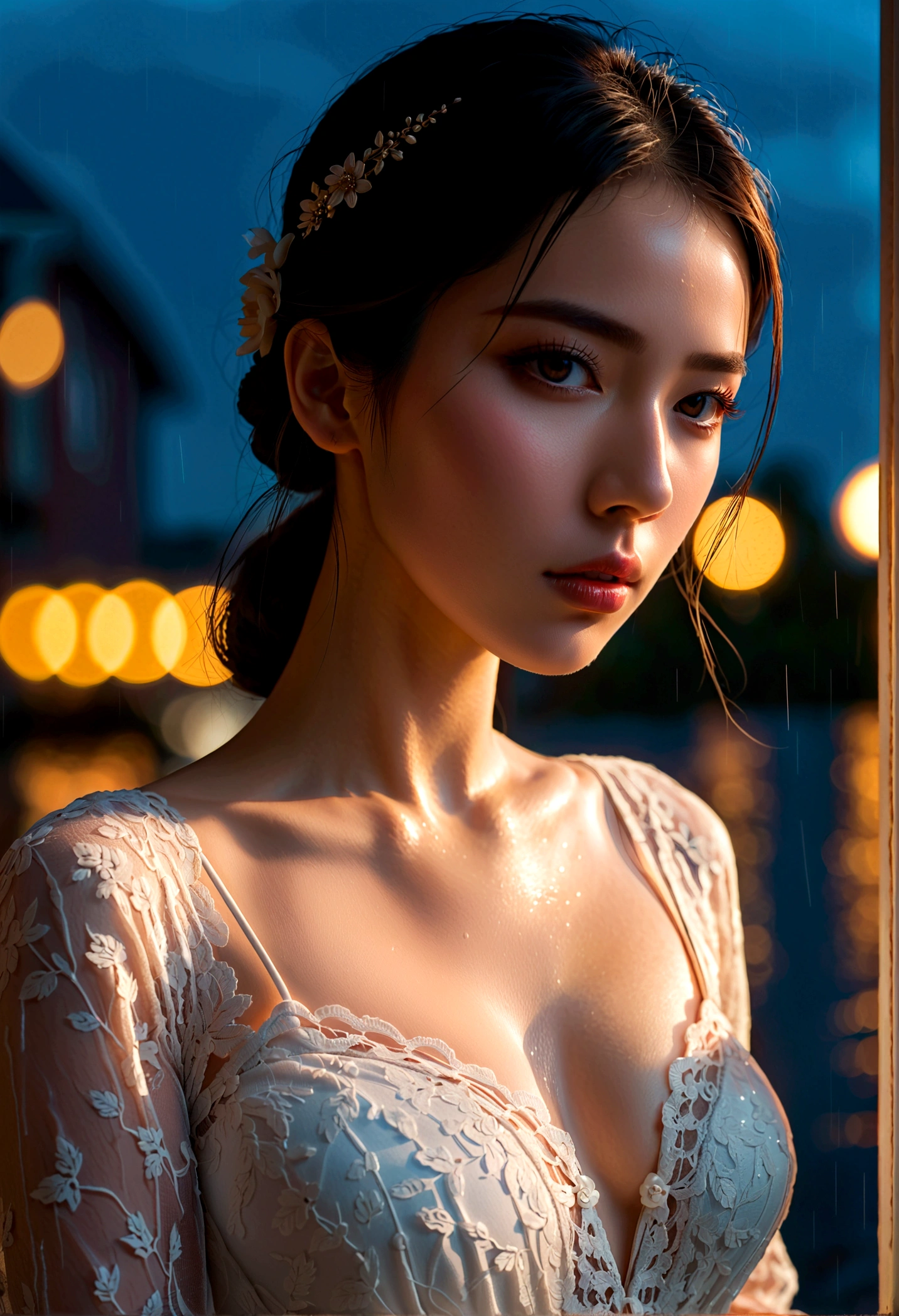 A woman in a long lace dress stands in the rain,Beautiful detailed eyes,Beautiful detailed lips,extremelydetailedeyesandface,Long eyelashes,Dramatic expressions,Movie-like lighting,Melancholy atmosphere,High contrast,Pastel colors,Wet fabric,raindrop,Stormy skies,(best quality,4K,8K,High level,masterpiece:1.2),Ultra Detailed,(lifelike,Photo real,Photo real:1.37),Highly detailed,Intricate details,Dramatic lighting,General composition,Melancholic color
