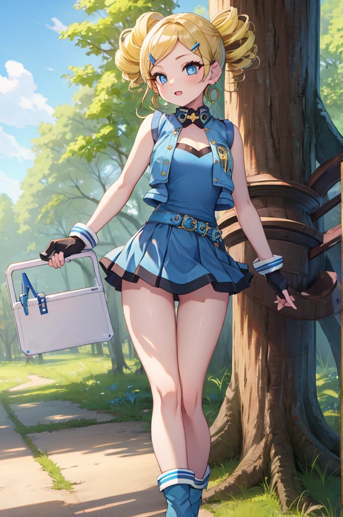 ppgzbb, blue eyes, Blonde, Twin Drill, Hair Clip, Earrings, Best, Blue leotard，Blue Skirt, Short skirt, boots, Are standing, forest 