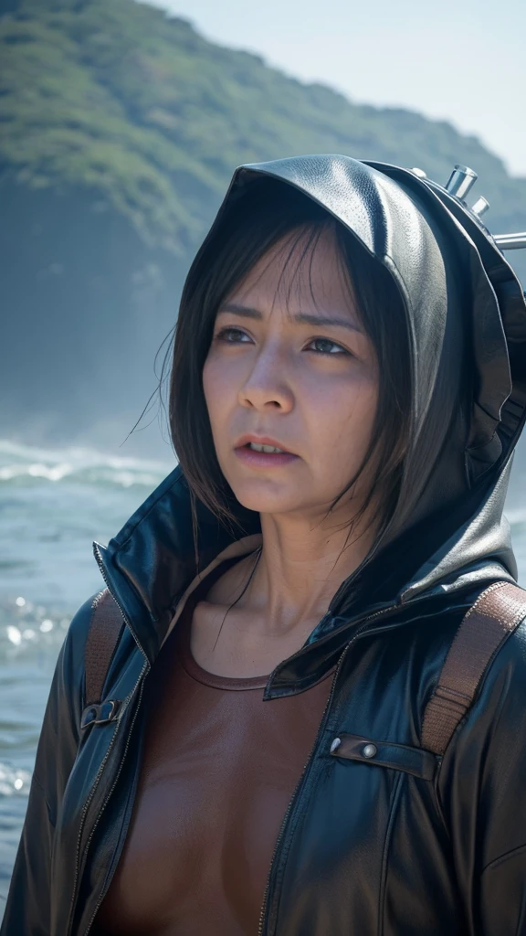 Middle-aged women　Sweaty face　Painful expression　Steam from the head　humid　I'm wearing a costume　Only the head is exposed　Wearing a monster suit　　Nothing except the face is exposed　