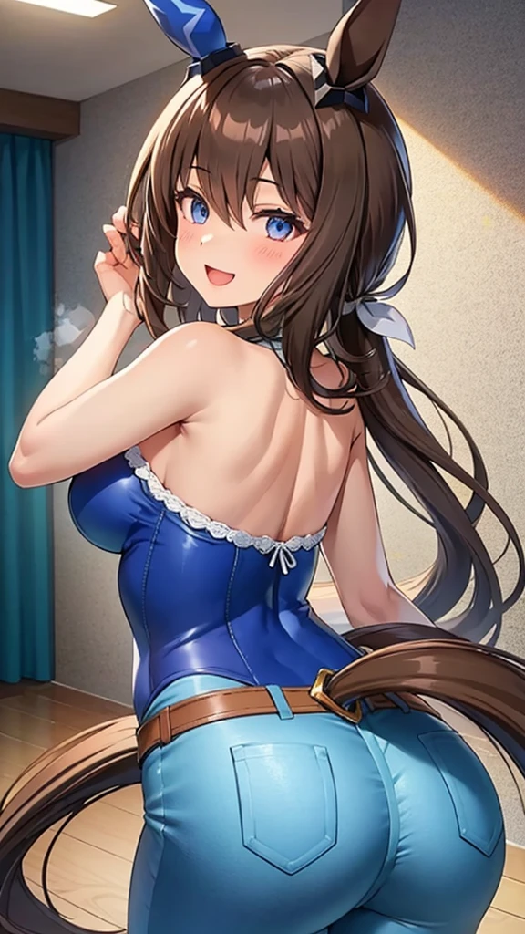 ,{{{masterpiece:1.2}}},{{{best-quality:1.2}}},{{{ultra-quality:1.2}}},{{ultra-detailed:1.2}},{{{ultra-highres:1.2}}},{{{ultra-high-resolution:1.2}}},{{{extremely-detailed-CG-unity-8k-wallpaper}}},Admire Vega\(umamusume\),{1 girl,beautiful girl,18 yo,cute,smile,kawaii,lovely,blushing,playful expression,embrrased,,},(she is looking back),(wear tight Jeggings,half ),(viseble :1.5),oily skin,beautiful detailed hair,glossy hair,perfect two legs,five fingers,perfect 2 arms,(large breaths),(big ),beautiful detailed eyes,jewel like eyes,blue eyes,open mouth,armpits,beautiful navel,collarbone,earring