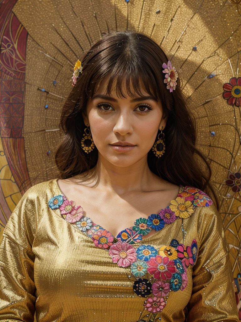 Mujer paraguaya en network, colorful happy details flowers geometric shapes, network, obra mmaestra estilo Gustav klimt