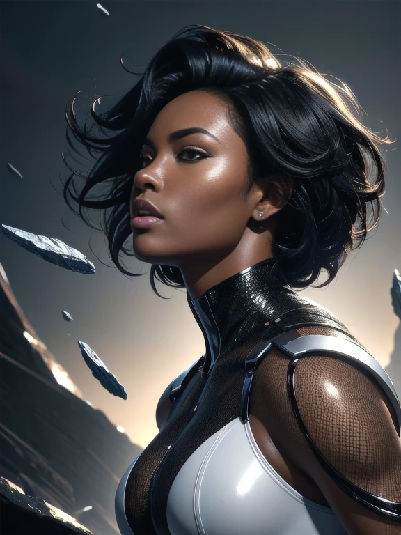 8k portrait of beautiful Nigerian 1supermodel with black hair, dark shiny skin, intricate, elegant, highly detailed, majestic, digital photography, art by artgerm and ruan jia and greg rutkowski surreal painting, broken glass, (8k, RAW photo, best quality, masterpiece:1.2),ultra-detailed, (high detailed skin:1.2), 8k uhd, dslr, soft lighting, high quality,