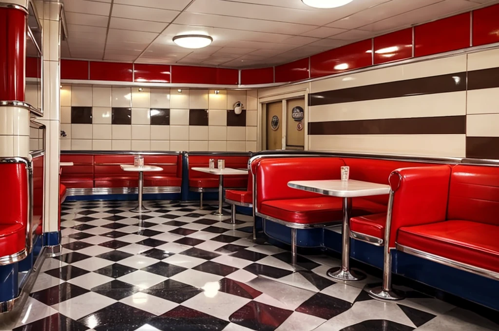 close-up of a restaurant with checkered floor and red counter, 5 0's diner, decor 1 9 5 0 h, in a classic 5 0 s diner, in classic diner, at a 5 0 s diner, diner, Googie's Kitsch Aesthetics, diner caffee, diner background, retro 50s style, diner scene, 5 0 s Aesthetics