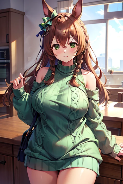 mejiro_bright_(umamusume), clothes with open chest, (high top fade:1.3), green skirt, (green sweater:1.5), long sleeve, off shoulder, off shouldersweater, plump sleeves, skirt, sweater, white ribbon