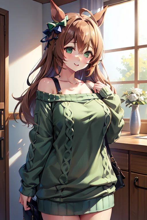 mejiro_bright_(umamusume), clothes with open chest, (high top fade:1.3), green skirt, (green sweater:1.5), long sleeve, off shoulder, off shouldersweater, plump sleeves, skirt, sweater, white ribbon