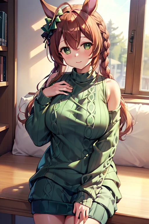 mejiro_bright_(umamusume), clothes with open chest, (high top fade:1.3), green skirt, (green sweater:1.5), long sleeve, off shoulder, off shouldersweater, plump sleeves, skirt, sweater, white ribbon