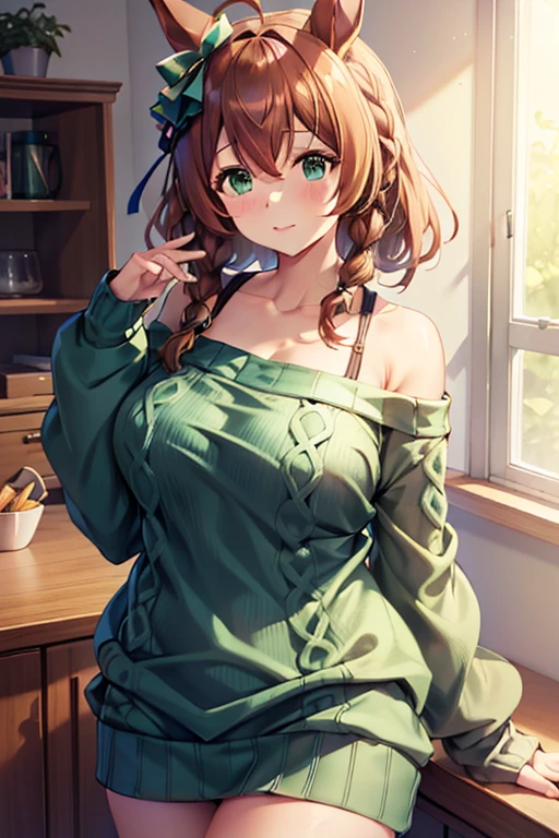 mejiro_bright_(umamusume), clothes with open chest, (high top fade:1.3), green skirt, (green sweater:1.5), long sleeve, off shoulder, off shouldersweater, plump sleeves, skirt, sweater, white ribbon