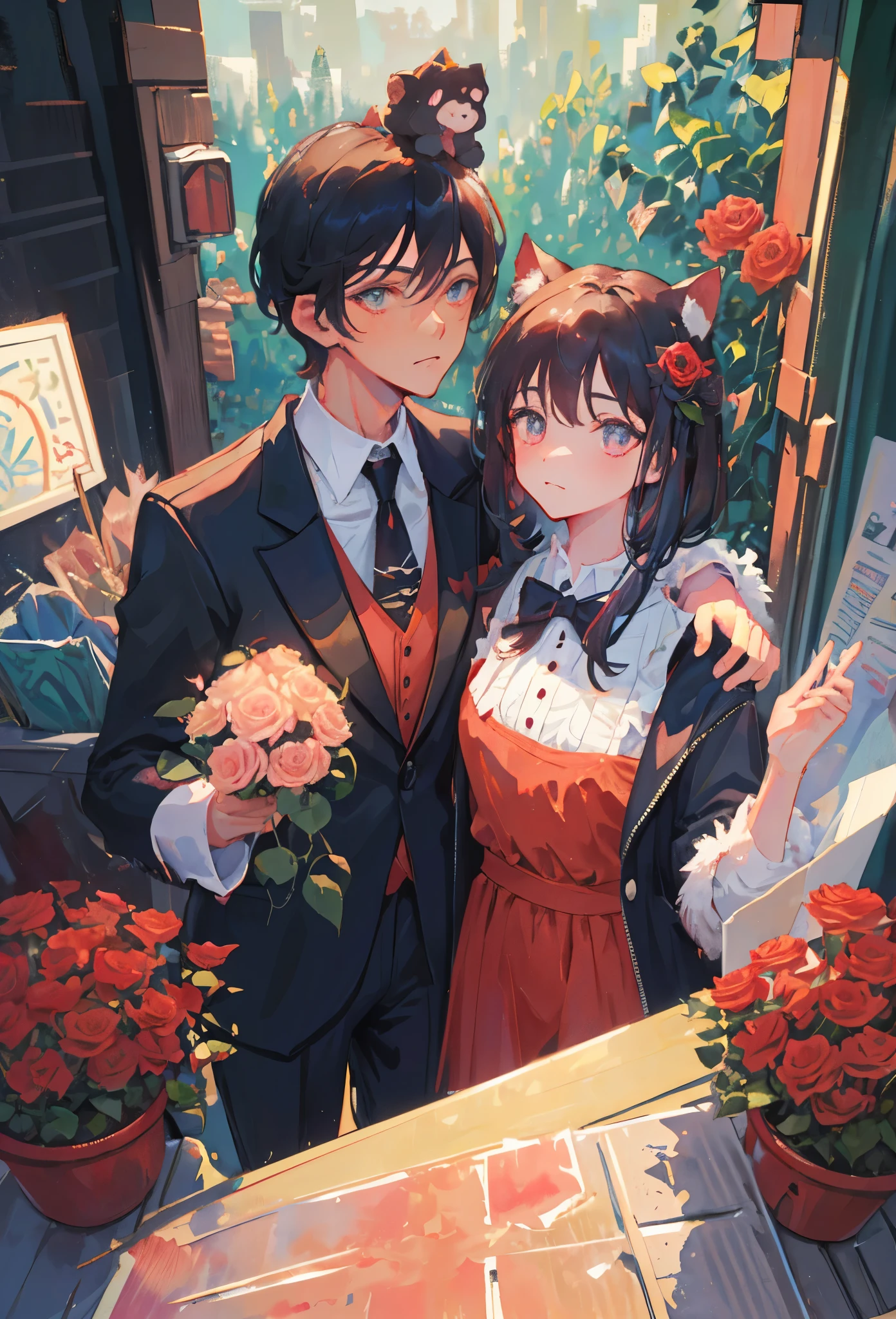 Watercolor elements, 1boy, kemono, furry, detailed body fur, animal face, animal hand, Handsome boy in tuxedo holding a red rose and looking at viewer,