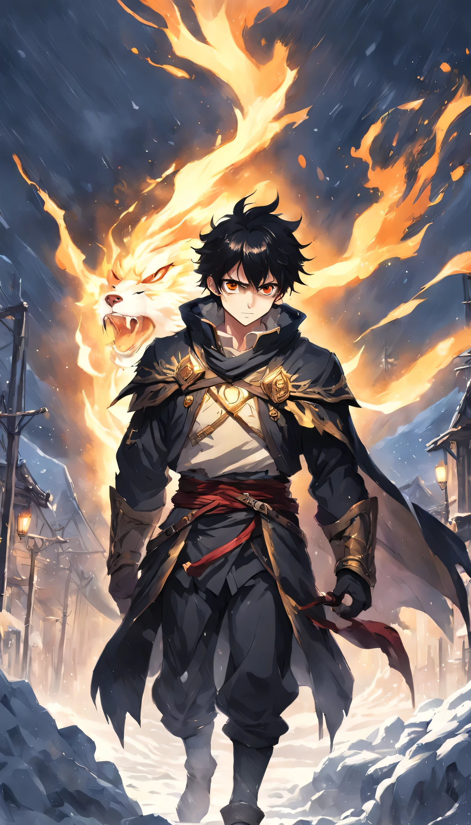 An epic scene where, In the middle of a destroyed and cold village, covered in dense snow, the protagonist, a young man with dark hair and shining golden eyes, hurt by the confrontation, awaken the power of fire
