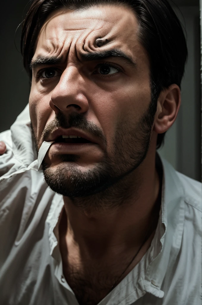 Man is visibly upset and disappointed, fearing ghosts so much that he trembles in fear