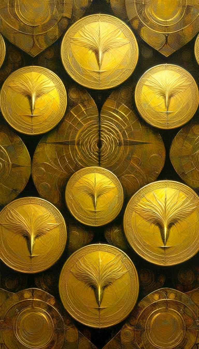 three gold coins, symmetry (Dave Mckean inspired art, intricate details, oil painting)
