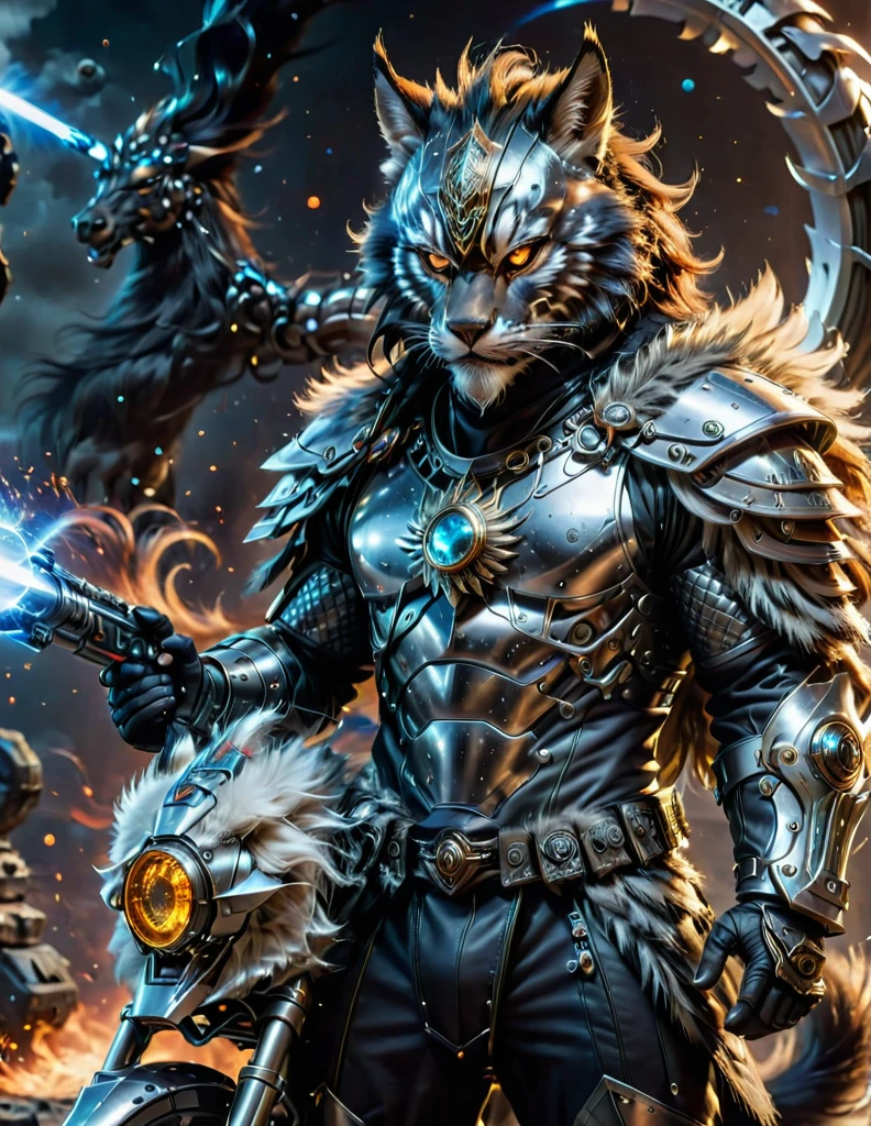 A high-resolution image of a science fiction Mongolian warrior with mask. He is adorned in fur armor combined with chainmail, with elements of carbon integrated into the design. He stands beside a futuristic ((balance bike)), made of sleek chrome and advanced materials. In one hand, he holds a (laser gun), its barrel glowing faintly. The warrior is powered by nuclear energy, with subtle indicators of this power source on his armor. The background is a dark void, with energy particles swirling around him, casting a soft light on the chrome and carbon surfaces. The overall scene blends ancient warrior aesthetics with futuristic technology, creating a striking and dynamic visual.
