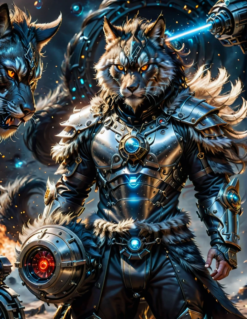 A high-resolution image of a science fiction Mongolian warrior with mask. He is adorned in fur armor combined with chainmail, with elements of carbon integrated into the design. He stands beside a futuristic ((balance bike)), made of sleek chrome and advanced materials. In one hand, he holds a (laser gun), its barrel glowing faintly. The warrior is powered by nuclear energy, with subtle indicators of this power source on his armor. The background is a dark void, with energy particles swirling around him, casting a soft light on the chrome and carbon surfaces. The overall scene blends ancient warrior aesthetics with futuristic technology, creating a striking and dynamic visual.