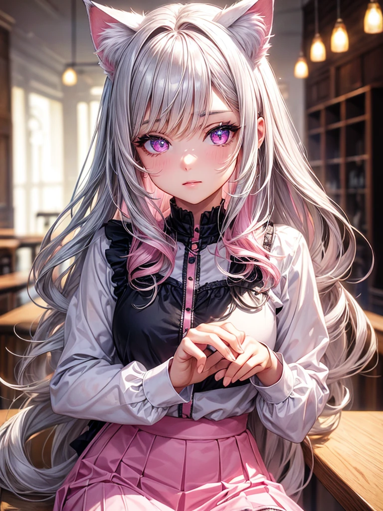 Highly detailed face,fine grain,Sparkling eyes,Highlighted eyes,Medium chest,pretty girl, Longing eyes,Cat ear, Beautiful silver hair,Pink inside,Beautiful pink eyes,Oversized shirt,skirt,Cafe
